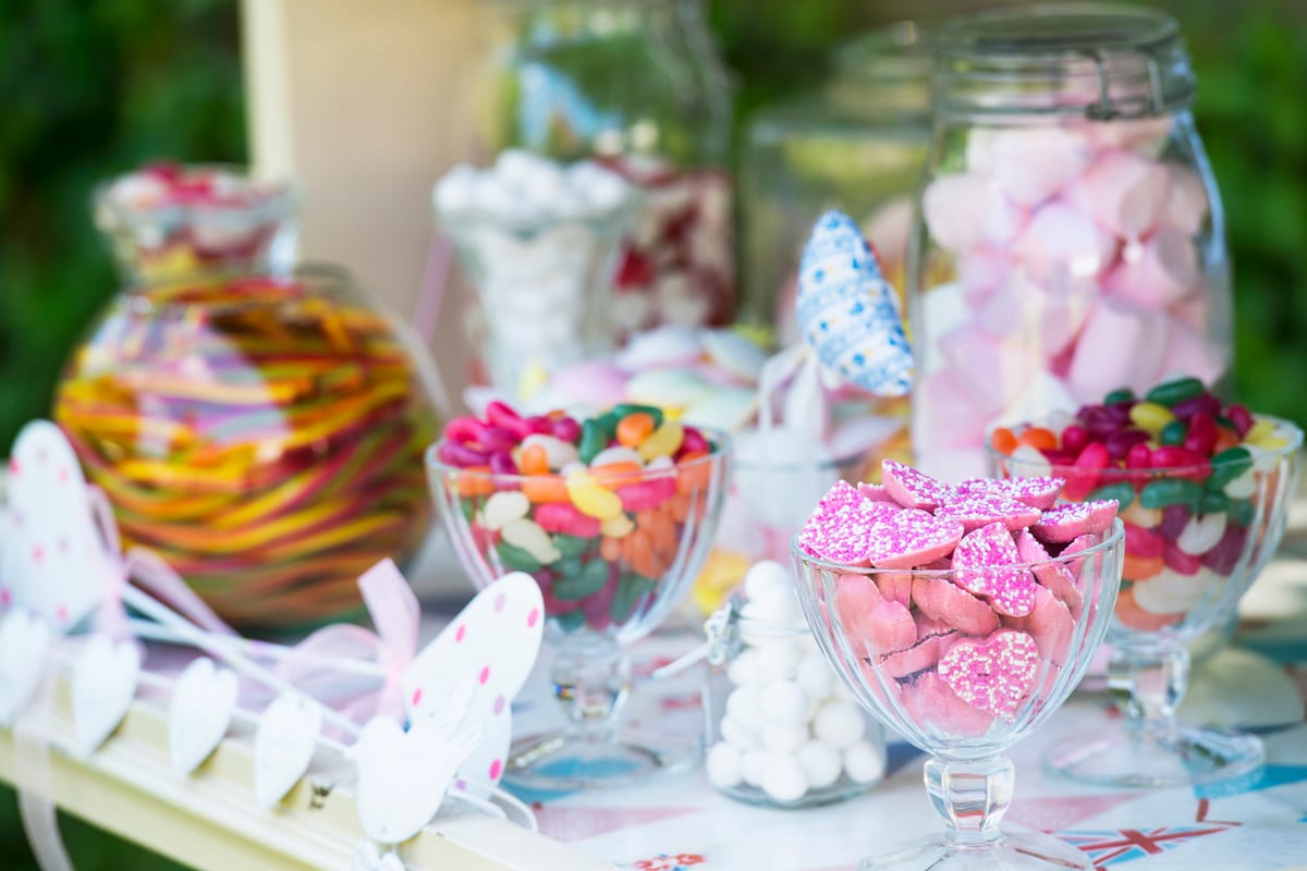 Hire candy cart — confectionery in glasses and jars close up for parties and events in Johannesburg, Sandton and Randburg