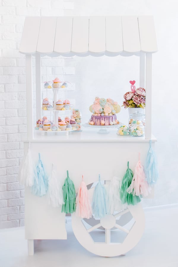 Hire candy cart — sweet treat cart with colorful cake and cupcakes for parties and events in Johannesburg, Sandton and Randburg