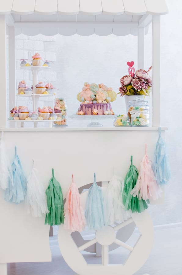 Hire candy cart — colorful desserts on a white candy cart for parties and events in Johannesburg, Sandton and Randburg