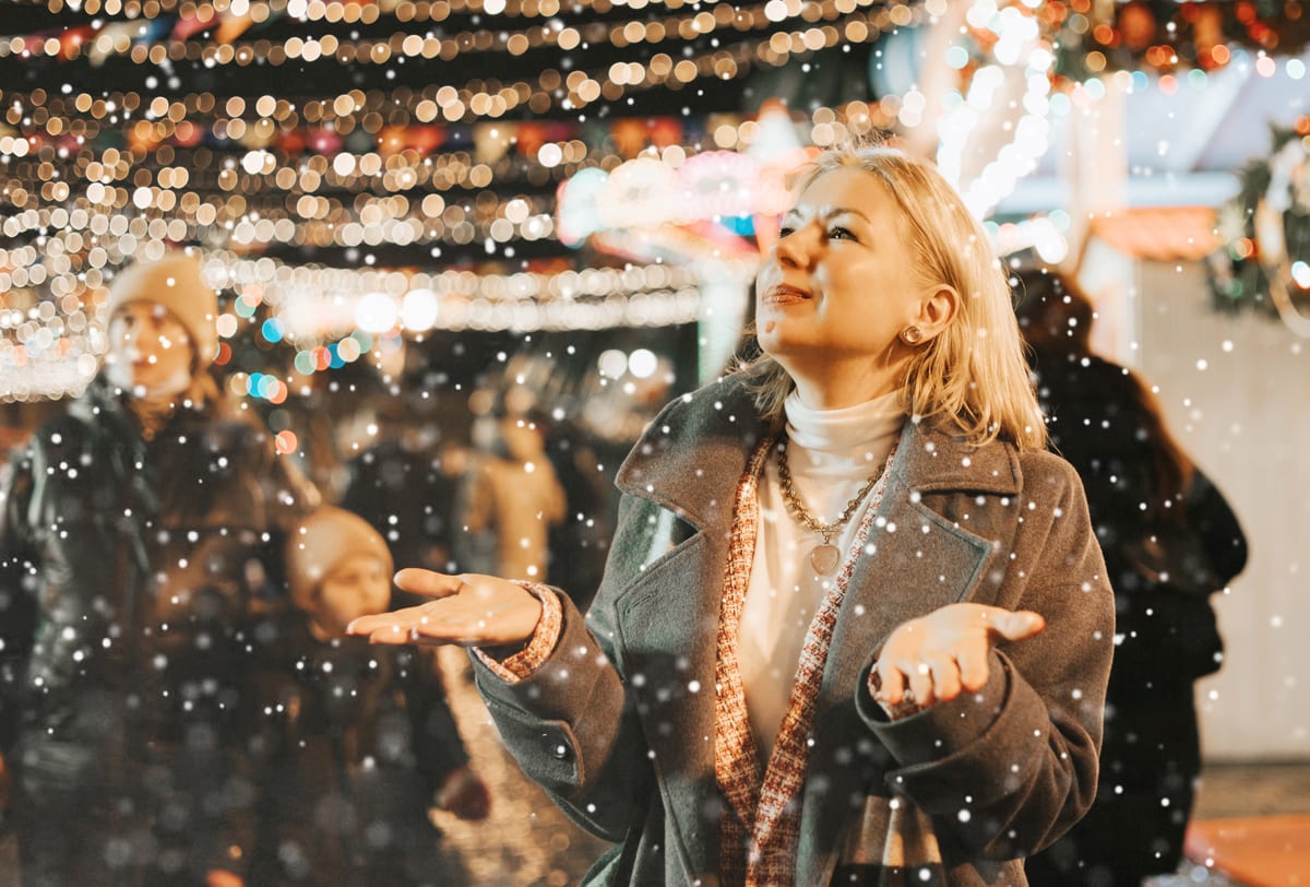 Hire snow machine — beautiful middle aged blonde woman stands at a chr for parties and events in Johannesburg, Sandton and Randburg
