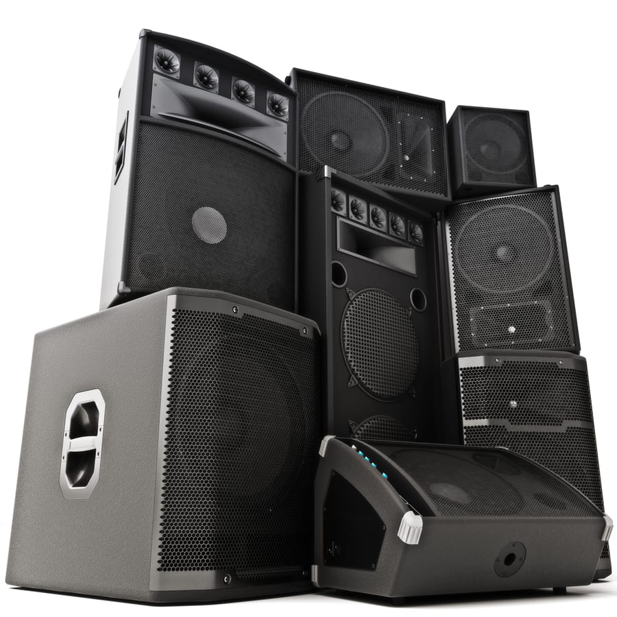 Hire sound system — tower of audio speakers on a white background for parties and events in Johannesburg, Sandton and Randburg