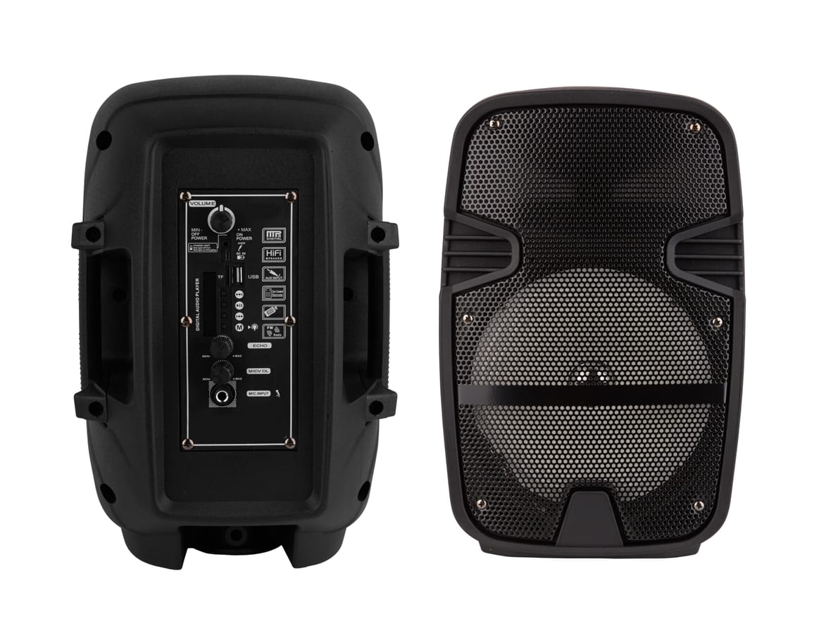 Hire sound system — black loudspeaker system with control panel close for parties and events in Johannesburg, Sandton and Randburg