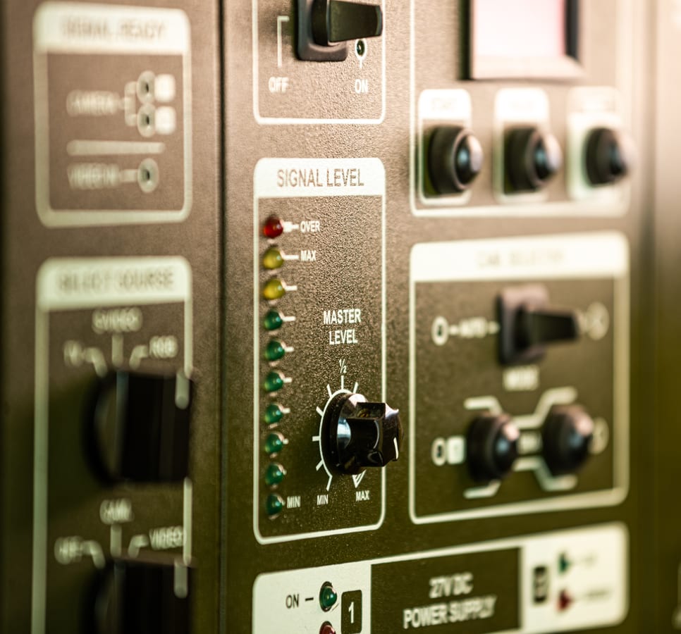 Hire sound system — close up side view of panel of buttons and twirls for parties and events in Johannesburg, Sandton and Randburg