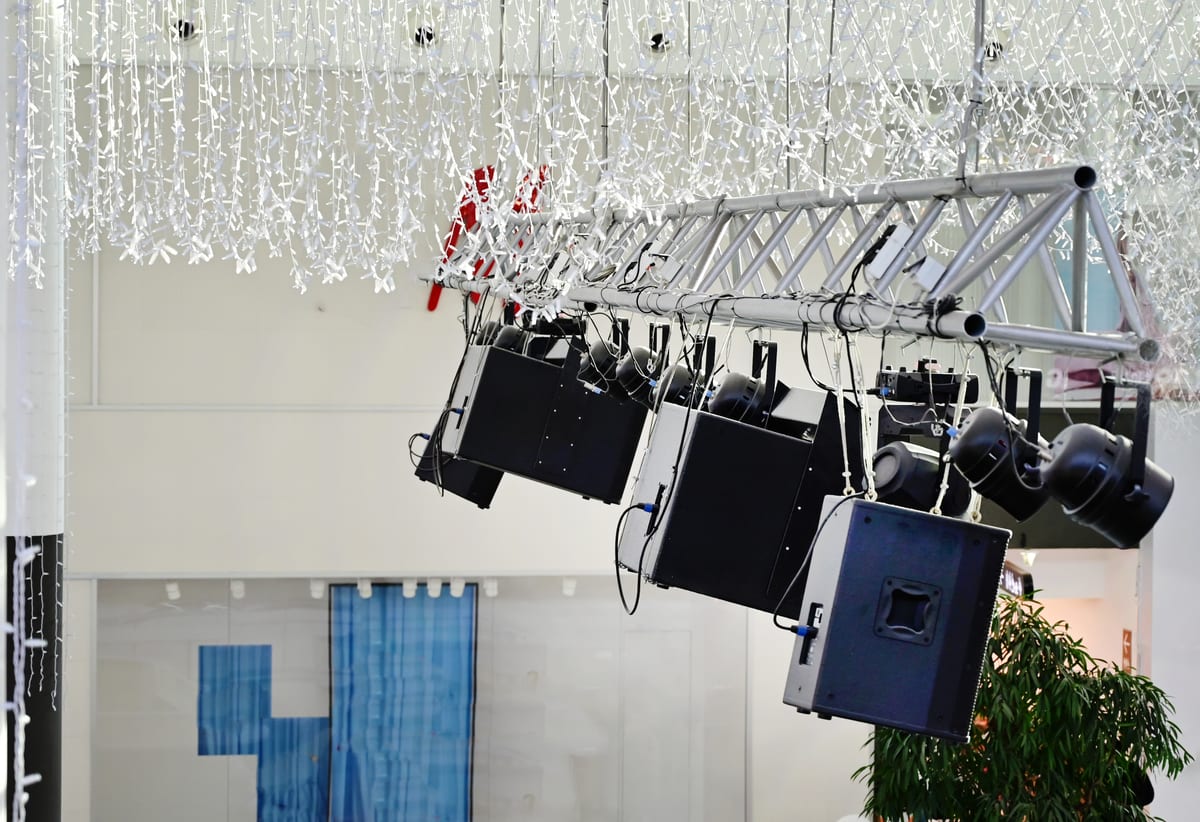 Hire sound system — lighting rig with white decorative hanging element for parties and events in Johannesburg, Sandton and Randburg